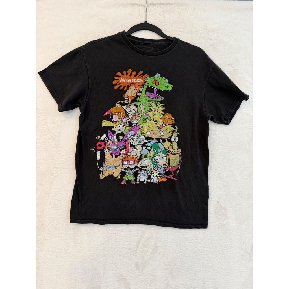 Nickelodeon 90s Cartoon Graphic T-Shirt Mens Small Black Rugrats Hey Arnold Tee